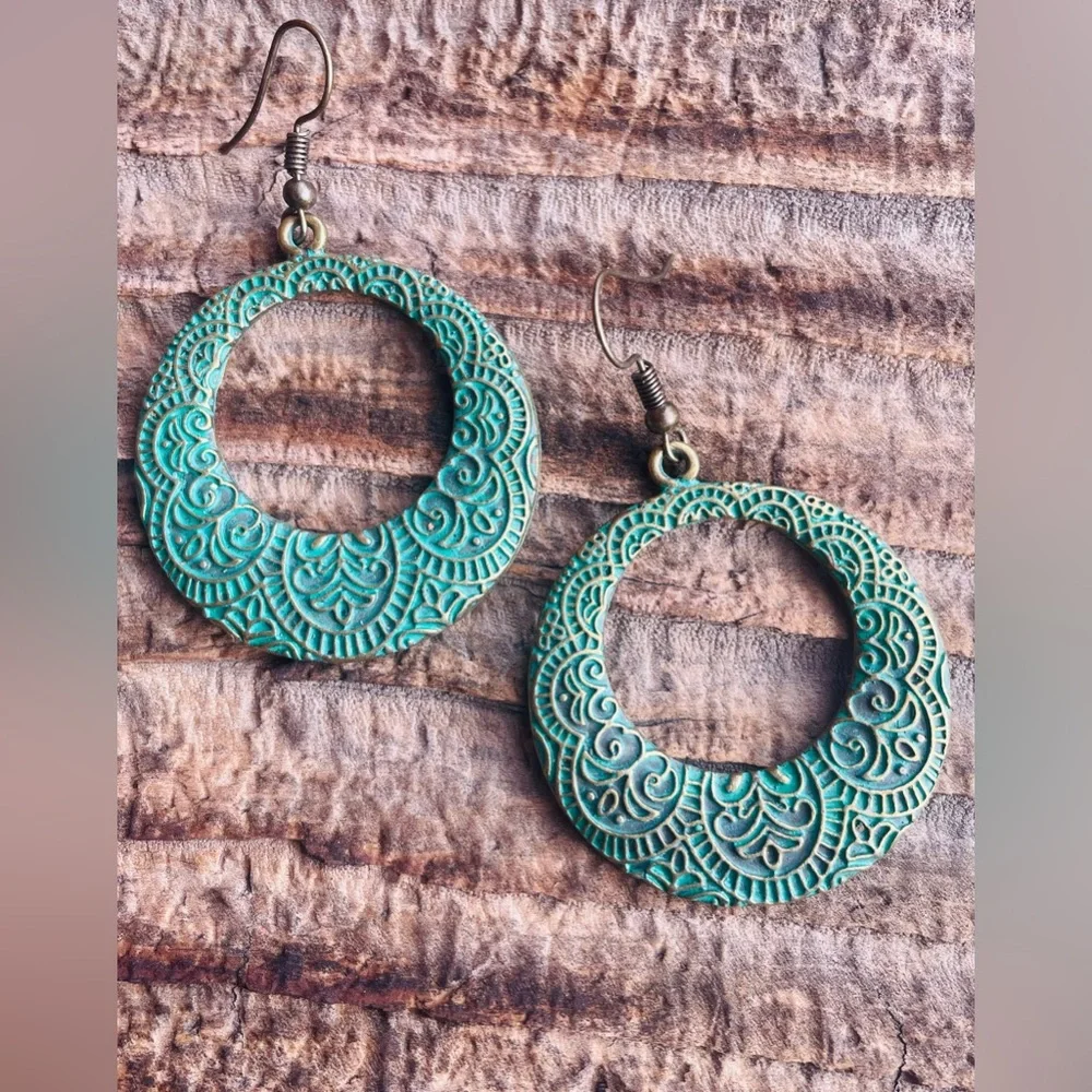 Antique Brass Boho Drop Earrings with Embossed Mandala Design in Green Patina - Picture 1 of 12